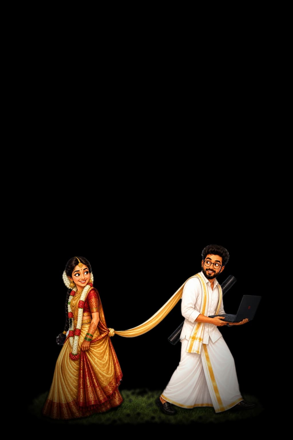 Illustrated caricature of Abhigna and Hemanth in traditional South Indian wedding attire